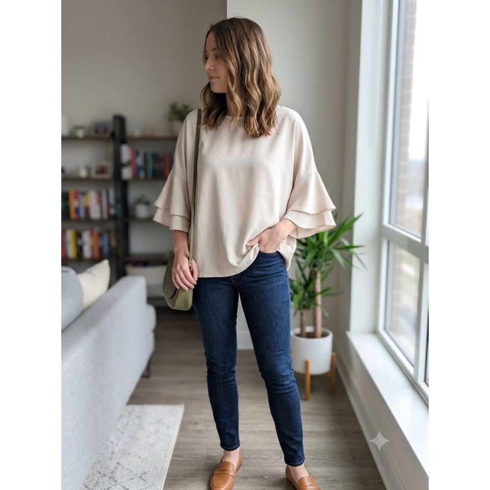 Beige Double-Ruffled Bell Sleeve Top Size 2X